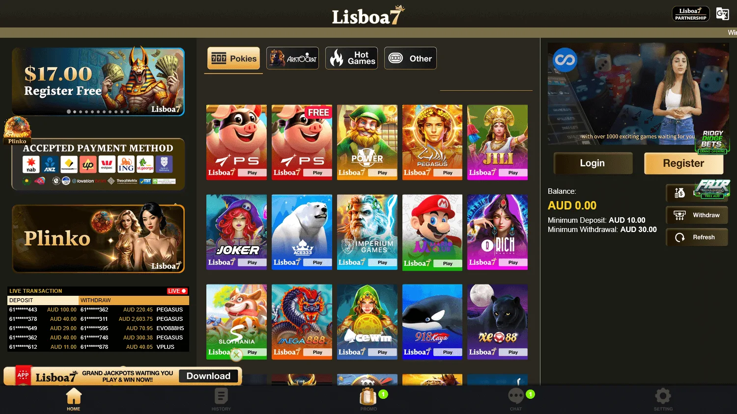 Lisboa7 Casino game catalogue on desktop