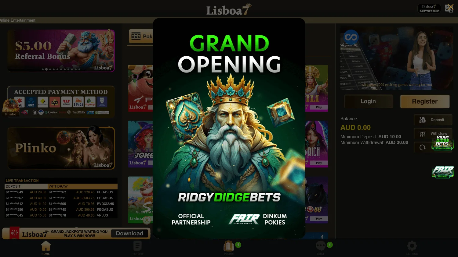 Lisboa7 Casino home screen on desktop